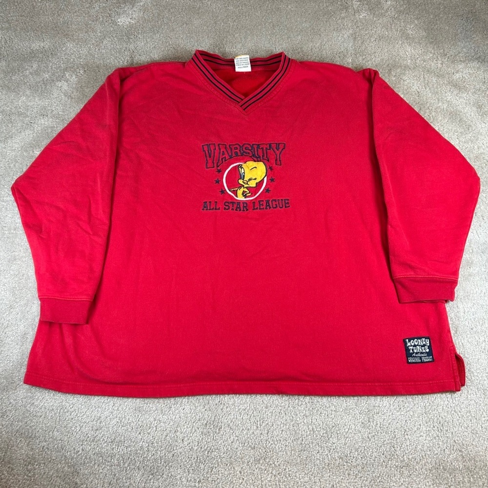 Vintage‎ Looney Tunes Tweety Bird Red V-Neck Sweatshirt Varsity 2000 Freeze XL